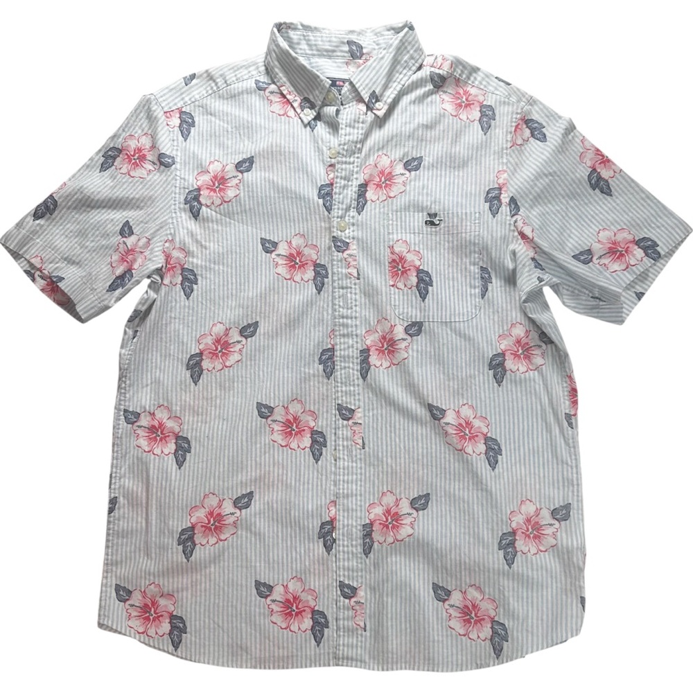Vineyard Vines Classic Button Down Shirt Medium Blue Stripe Floral Cotton